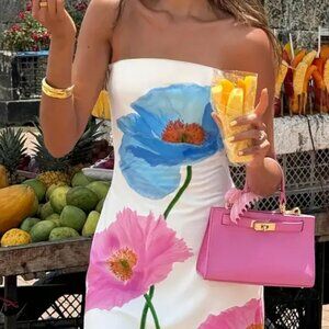 Floral Strapless Dress with Blue and Pink Poppies